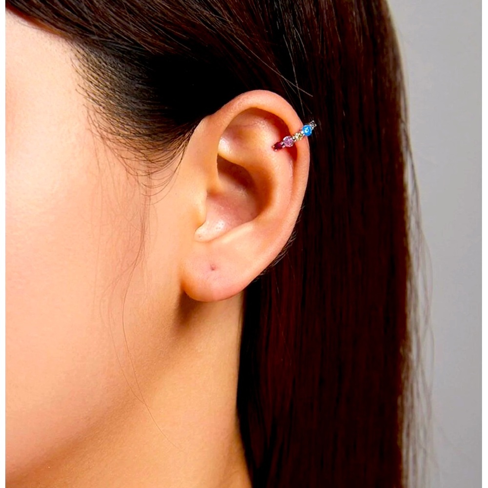 1Piece Rainbow Colors Zircon Elf Ear Cuff Clip 925 Sterling Silver Earring